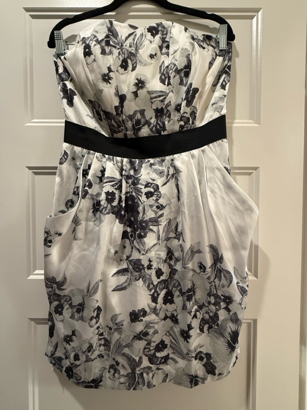 H&M Strapless White Dress with Black Floral Print and Black Waistband
